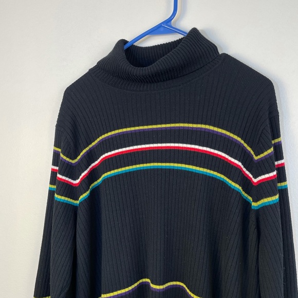 Women’s turtle neck stripe black sweater with pops of color rib knit size L - Picture 11 of 12